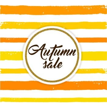 Abstract orange striped autumn background with golden frame for seasonal sale. 