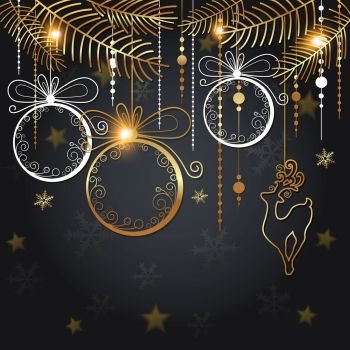 Christmas background with golden decorations and fir branch on a black background. Design for New year greeting card. Vector illustration