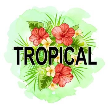 Tropical summer background with green palm leaves, red flowers and watercolor texture. Vector illustration