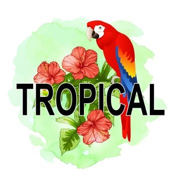 Summer background with tropical flowers, green palm leaves and red parrot. Vector illustration