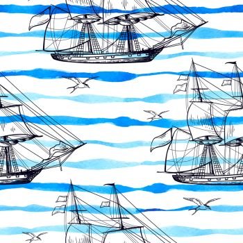 Marine seamless pattern with sailing ship and blue watercolor lines. Hand drawn vector background