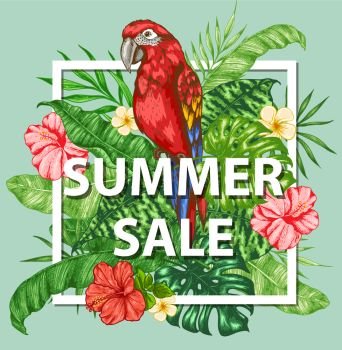 Tropical frame with green palm leaves, flowers and red parrot.  Design for seasonal summer sale. Hand drawn vector illustration