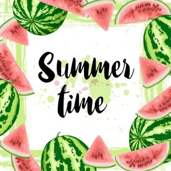 Summer tropical frame with ripe juicy watermelon. Vector background