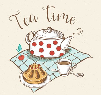 Hand drawn teapot and sweet fruitcake. Vector illustration.