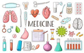 Set of medical and health care doodles. Vector illustration