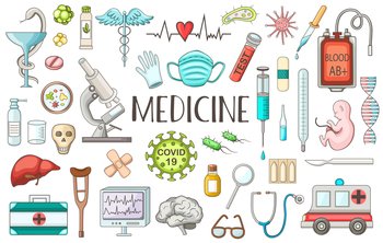 Set of medical and health care doodles on a white background. Vector illustration