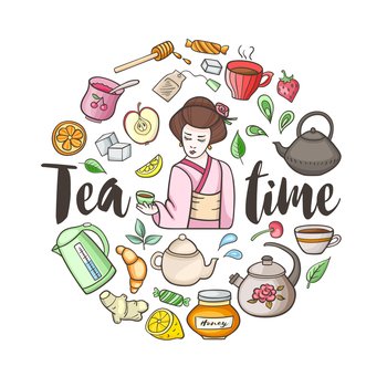 Round background with tea and sweets. Vector illustration