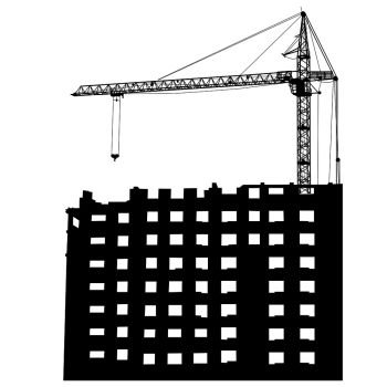 Silhouettes of crane on building on a white background.. Silhouettes of crane on building on a white background