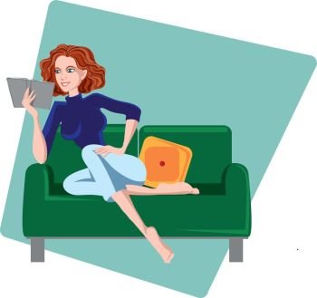 Woman reading a book on a couch. Creative conceptual vector.