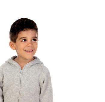 Happy child with grey sweatshirt isolated on a white background