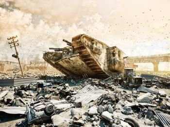 futuristic war scene with monster tank. 3d rendering digital art