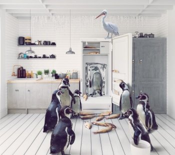 penguins find their surprise in the fridge. Photo and 3d mix creative concept