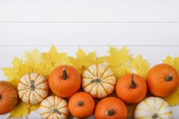 Many colorful pumpkins and maple leaves frame on wooden background, autumn harvest, Halloween or Thanksgiving concept. Pumpkins and maple leaves