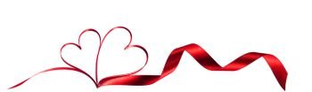 Red ribbons in shape of two hearts for love concept, wedding or Valentine day isolated on white background. Red ribbons in shape of two hearts