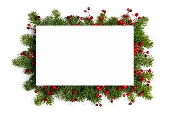Christmas Border frame of tree branches and red berries on white background with copy space isolated. Christmas frame of tree branches