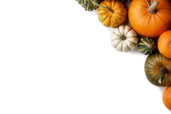 Many colorful pumpkins frame isolated on white background, autumn harvest, Halloween or Thanksgiving concept. Many pumpkins and frame on white