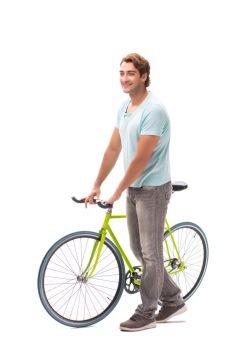 Young man riding a bicycle isolated on white background