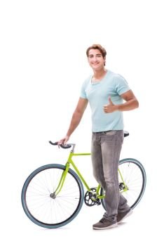 Young man with cycle isolated on white
