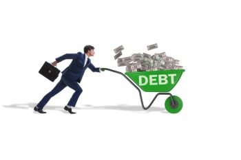 Businessman pushing wheelbarrow in debt loan concept