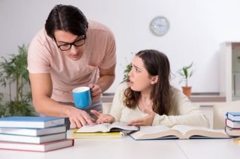 Students preparing for exam together at home 