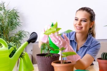 Young female gardener with plants indoors 
