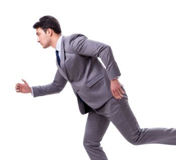 The young businessman running forward isolated on white. Young businessman running forward isolated on white