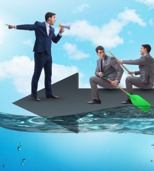 The teamwork concept with businessmen on boat. Teamwork concept with businessmen on boat