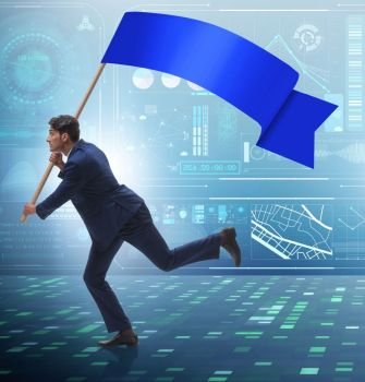 The businessman with blank banner running in business concept. Businessman with blank banner running in business concept