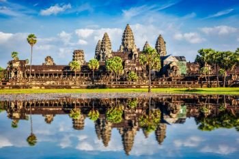 Angkor Wat temple - Cambodia iconic landmark with reflection in water. Angkor Wat