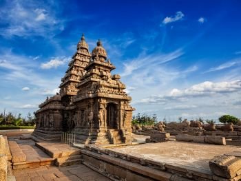 Famous Tamil Nadu landmark - Shore temple, world  heritage site in  Mahabalipuram, Tamil Nadu, India. Shore temple - World heritage site in Mahabalipuram, Tamil Nad