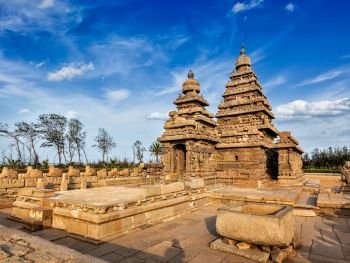 Famous Tamil Nadu landmark - Shore temple, world heritage site in Mahabalipuram, Tamil Nadu, India. Shore temple - World heritage site in Mahabalipuram, Tamil Nad