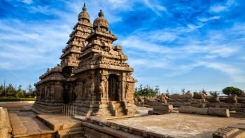 Panorama of famous Tamil Nadu landmark - Shore temple, world  heritage site in  Mahabalipuram, Tamil Nadu, India. Shore temple in Mahabalipuram, Tamil Nadu, India