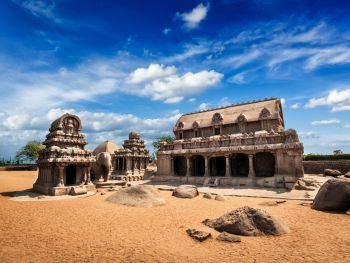 Five Rathas - ancient Hindu monolithic Indian rock-cut architecture. Mahabalipuram, Tamil Nadu, South India. Five Rathas. Mahabalipuram, Tamil Nadu, South India