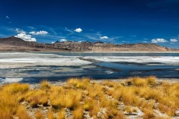 Tso Kar - fluctuating salt lake in Himalayas. Rapshu,  Ladakh, Jammu and Kashmir, India. Mountain lake Tso Kar in Himalayas