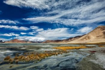 Tso Kar - fluctuating salt lake in Himalayas. Rapshu,  Ladakh, Jammu and Kashmir, India. Mountain lake Tso Kar in Himalayas