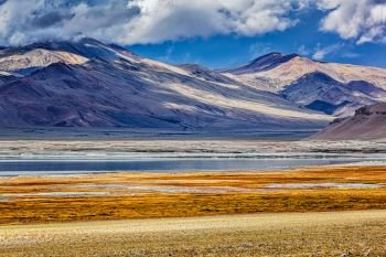 Tso Kar - fluctuating salt lake in Himalayas. Rapshu,  Ladakh, Jammu and Kashmir, India. Himalayan lake Tso Kar in Himalayas, Ladakh, India