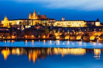 View of Charles Bridge (Karluv most) and Prague Castle in twilight. Prague, Czech Republic. View of Charles Bridge Karluv most and Prague Castle