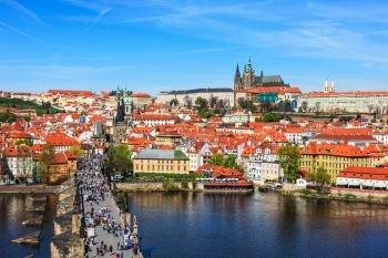 View of Mala Strana, Charles bridge and Prague castle from Old Town bridge tower over Vltava river. Prague, Czech Republic. View of Mala Strana,  Charles bridge and Prague castle from Old 