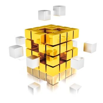 Teamwork concept - metal cubes assembling into gold one. Teamwork abstrace concept 