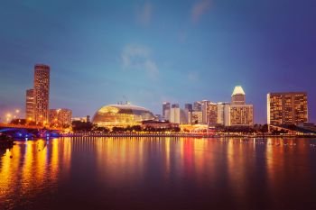 Vintage retro effect filtered hipster style image of Singapore cityscape skyline night view. Singapore cityscape night