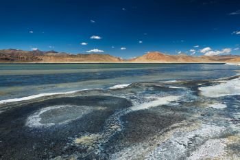 Tso Kar - fluctuating salt lake in Himalayas. Rapshu,  Ladakh, Jammu and Kashmir, India. Himalayan lake Tso Kar in Himalayas, Ladakh, India
