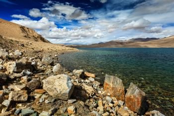 Himalayan lake Tso Moriri in Himalayas, Korzok, Ladakh, Jammu and Kashmir, India. Tso Moriri lake in Himalayas, Ladakh