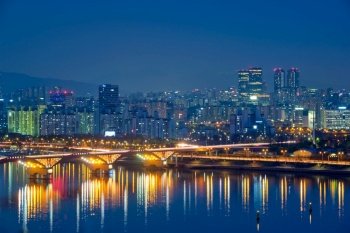 Seoul night view over Han river illuminated in the evening. Seoul, South Korea. Seoul night view, South Korea