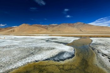 Tso Kar - fluctuating salt lake in Himalayas. Rapshu, Ladakh, Jammu and Kashmir, India. Tso Kar lake in Himalayas, Ladakh, India.