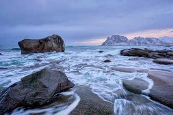 Rocks on beach of fjord of Norwegian sea in winteron sunset. Utakliev beach, Lofoten islands, Norway. Beach of fjord in Norway