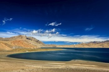 Himalayan lake Tso Moriri in Himalayas and Korzok village, Ladakh, India. Lake Tso Moriri in Himalayas, Ladakh
