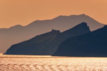 Cyclades greek islands silhouettes in Aegean sea. Greece. Cyclades islands silhouettes in Aegean sea