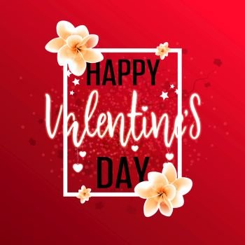 Happy Valentines Day greeting card. Vector template. Romantic poster with frame, flowers and hearts. Love, poster, banner. 