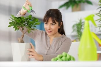 pretty smiling woman trimming a bonsai
