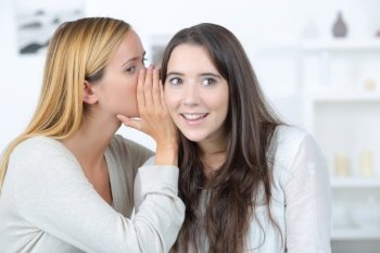 portrait of a girl telling secrets to her amazed friend